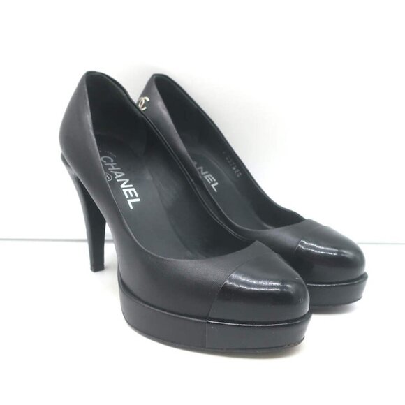 Chanel Cap Toe Platform Pumps Black Leather & Patent Size 35.5 - Picture 1 of 16